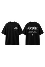 Discipline Drop-Shoulder Tee in Black, front and back view