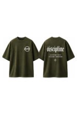 Discipline Drop-Shoulder Tee in Olive, front and back view