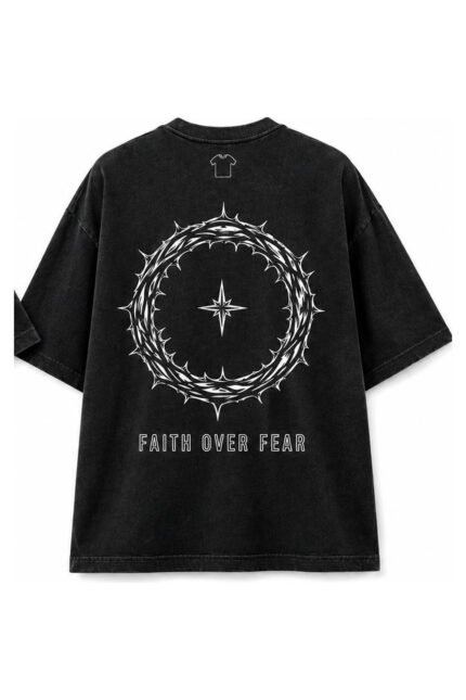 Faith Over Fear Drop-Shoulder Tee in Black, back view