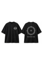 Faith Over Fear Drop-Shoulder Tee in Black, front and back view