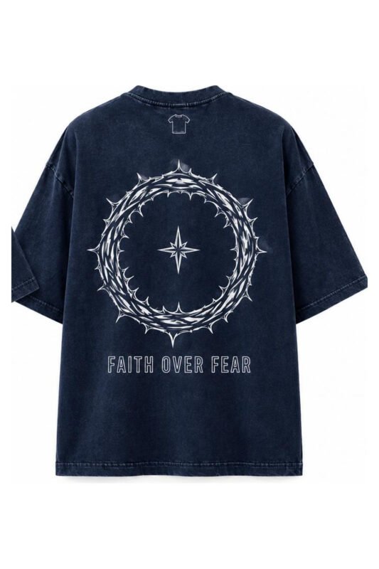 Faith Over Fear Drop-Shoulder Tee in Navy, back view