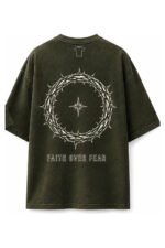 Faith Over Fear Drop-Shoulder Tee in Olive, back view