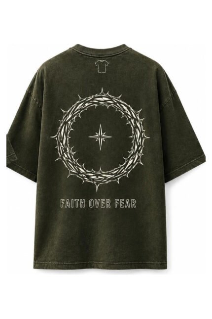 Faith Over Fear Drop-Shoulder Tee in Olive, back view
