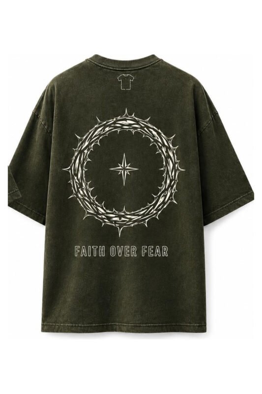 Faith Over Fear Drop-Shoulder Tee in Olive, back view