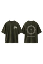 Faith Over Fear Drop-Shoulder Tee in Olive, front and back view