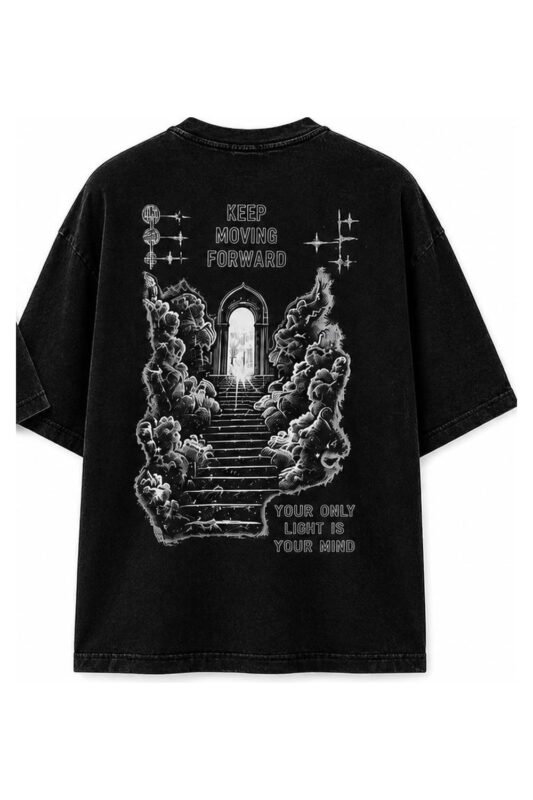 Stairway To Light Drop-Shoulder Tee in Black, back view