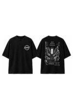 Stairway To Light Drop-Shoulder Tee in Black, front and back view