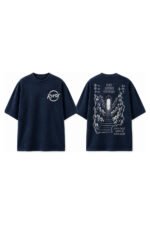 Stairway To Light Drop-Shoulder Tee in Navy, front and back view